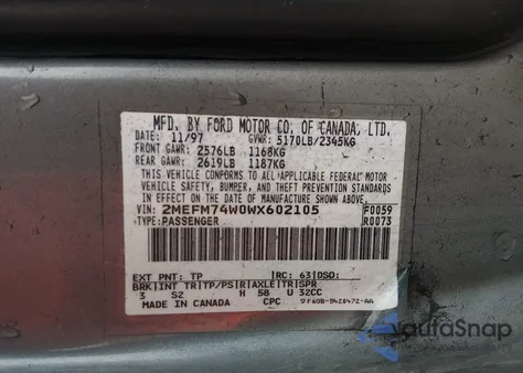 1998 Mercury Grand Marquis из США, поврежденный, VIN 2MEFM74W0WX602105